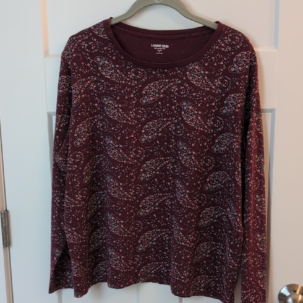 Lands' End Women's Paisley Crew Neck Sweater - Deep Burgundy